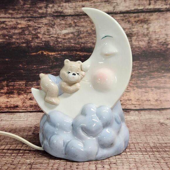 Man in the Moon w Sleeping Teddy Bear Night Light Vintage Nursery Nite Lite Blue - Picture 1 of 8
